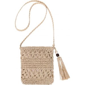 KALANKA-Sac en Paille Femme, Style Boho Fait Main avec Bandouli&egrave;re et Fermeture &Eacute;clair pour Plage, Voyage et Vacances - Neuf