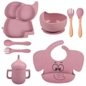 Assiette Bébé Set Repas Ventouse Vaisselle,8pcs Silicone Antiderapant Plateau Bol Avec Compartiments Bavoir Cuillère Rose - Neuf