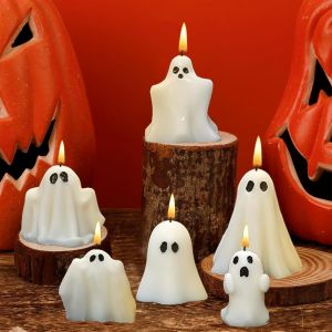 6 Pièces Bougies Fantôme Halloween, Bougies Parfumées Fantômes Blanches, Cadeaux De Bougies D'halloween, Décoration De Salle D'halloween, Pour Fêtes D'halloween Et Décorations De Table - Neuf
