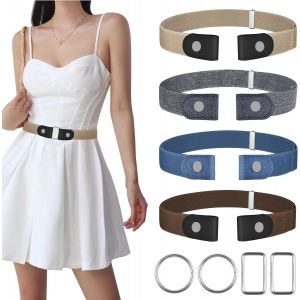 Cauc-&iquest;4 Pi&egrave;ces Ceinture Sans Boucle D&eacute;gagement Rapide, Ceinture Elastique Femme, Ceintures Femme R&eacute;glable, Ceinture Invisible Pour Jeans Pantalon Robe, Avec 4 Anneaux En M&eacute;tal - Neuf
