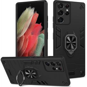 Kal-Coque Pour Samsung Galaxy S21 Ultra, Etui De Protection Antichoc De Qualité Militaire, Housse Avec Anneau Support Métallique, Support De Voiture Compatible, Noir - Neuf