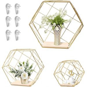 Lot De 3 &Eacute;tag&egrave;res Murales Hexagonales, 3 Tailles D'&eacute;tag&egrave;res Murales Flottantes, &Eacute;tag&egrave;re G&eacute;om&eacute;trique D&eacute;corative Dor&eacute;e &Agrave; Suspendre En Fil M&eacute;tallique Et Placage De Bois Pour Salon, Chambre &Agrave; - Neuf