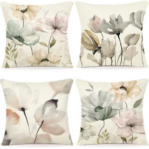 Cauc-Lot De 4 Housse Coussin 40x40 Florale Peinture &Agrave; L'aquarelle Housses De Coussin D&eacute;coratives En Coton Lin Taie Oreiller De Canap&eacute; Housse De Coussincarr&eacute; Pour Lit Voiture De La Maison Canap&eacute; - Neuf