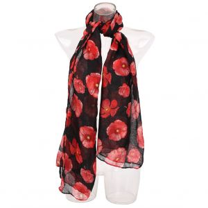 Echarpe Legere En Voile A Imprime Floral Coquelicot Pour Femme (Noir) - Neuf