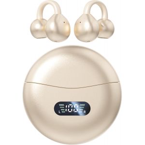 (Beige)Ouvrir l'Oreille Clip de Casque d'écoute sans Fil Bluetooth 5.4 Sport, les Écouteurs sans Fil de Recharge de Cas et de Puissance de LED d'Affichage de remise en forme Imperméable à l'eau - Neuf