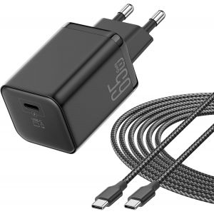 Chargeur 65W pour MacBook Air, Charge Rapide USB C GaN II Chargeur Portable Design Compact Compatible pour iPhone 17/16/15, pour MacBook Pro, pour Ordinateur Portable avec C&acirc;ble Tress&eacute; 2M - Neuf