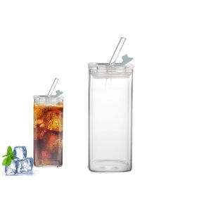 Gobelet Carr&eacute; En Verre Transparent De 400 Ml Avec Couvercle Et Paille Pour Boissons - Neuf