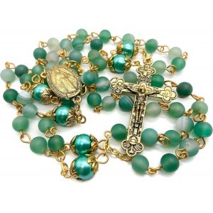 Store Collier Chapelet Catholique Doré En Pierre Mate, Perles Rondes Vertes, Médaille Miraculeuse Et Croix - Sac En Velours - Neuf