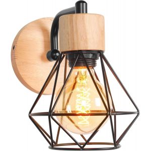 ERYI-Applique Murale Interieur Vintage Industrielle Plafonnier Luminaire E27 En Métal Lampe Murale Industrielles Rétro Éclairage Mural Noir Cuisine Salon (A-Avec Bois - 1Pcs) - Neuf