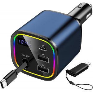 Checarzhn--No1-Chargeur Allume-Cigare Usb C 4 En 1 Rétractable 78 W Chargeur De Voiture Avec Lumière Rvb Pour Iphone 16 15 12 13 14 Android Accessoire De Voiture Bleu - Neuf