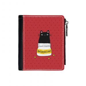 Portefeuille Antidépresseur à fourrure. Illustration d'un joli chat noir. Un cadeau pour les amoureux Compact en Simili-Cuir Porte-Cartes Fermeture Éclair Homme Femme - Neuf