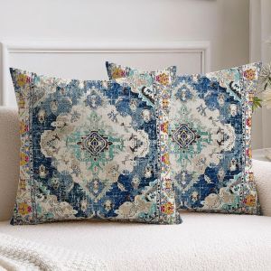 Cauc-Housse De Coussin R&eacute;tro 45x45cm Bleu Boho Lot De 2 Housse Coussin Automne Abstrait Housses Coussins Velours Taie Oreiller Boheme D&eacute;coratif Pour Chambre &Agrave; Coucher, Salon, Canap&eacute;, Maison - Neuf