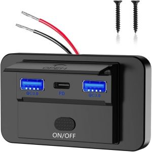 JGD-Prise de Courant 12V Prise de Charge Chargeur de Voiture l&eacute;ger Double 18W QC3.0 Port USB & 36W PD3.0 USB C, t&eacute;l&eacute;phone Portable Charge Rapide &eacute;tanche avec Interrupteur &agrave; Bouton - Neuf