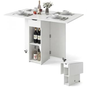 COSTWAY Table &Agrave; Manger Pliante 120 x 72 x 75 cm avec 2 Roulettes, Support de Rangement et Tiroir &agrave; 2 Niveaux Blanc - Neuf
