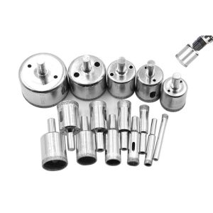 Lot de 15 forets diamant&eacute;s pour verre et c&eacute;ramique, diam&egrave;tres 6 &agrave; 50 mm, adapt&eacute;s aux bouteilles, pots et marbre. - Neuf