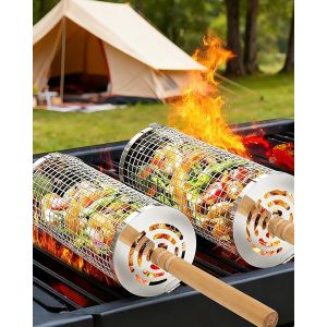 Ulteronixshop-Ensemble de paniers de grillage enroulable embo&icirc;tables 2 Paniers de barbecue cylindriques en acier inoxydable avec poign&eacute;e en bois (30&times;10cm + 29&times;9cm) accessoires de barbecue pour l&eacute;gume - Neuf