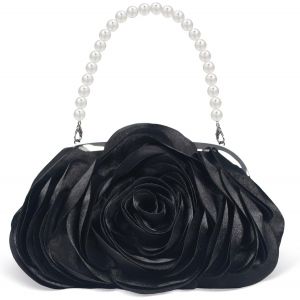 RFCBC-Femmes Embrayage Sac de soirée en Satin avec Fleurs 3D Sac à Bandoulière avec Bandoulière Chaîne - Neuf