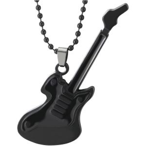 Kal-Guitare Pendentif Noir Collier Pour Homme Femmes - 69cm Cha&icirc;ne De Boule - Neuf