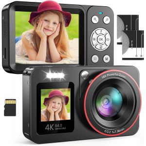 Appareil Photo Numérique 4K 64Mp Fhd Digital Camera Appareil Photo Compact Portable Avec 2 Écran 18X Zoom Carte Sd De 64 Gb Pour Étudiant Débutant Cadeau,Noir - Neuf
