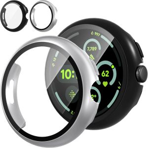 CAUC-2 Pi&egrave;ces Coque pour Google Pixel Watch 3 45mm Protection &Eacute;cran Dur PC Mat&eacute;riel Ultra Mince Verre Tremp&eacute; &Eacute;cran Case,Noir&Argent - Neuf