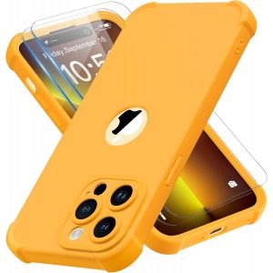 Kal-Coque Pour Iphone 14 Pro Max + 2 Pièces Verre Trempé Protection Écran, Antichoc Souple Silicone Tpu Arrière Rigide Pc Avant Housse De Protection Pour Iphone 14 Pro Max 6,7"" Jaune - Neuf