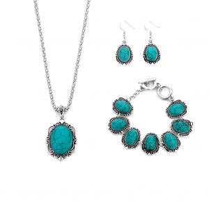 Ensemble De Bijoux Ethniques Turquoise Pour Femme, 3 Pieces, Collier, Boucles D'oreilles Et Bracelet En Alliage - Neuf