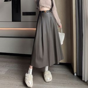 Jupe En Cuir Pour Femme Automne Et Hiver Longue Jupe En Cuir Swing Jupe Taille Haute Jupe Mi-Longue Jupe Trapèze Couvre Les Hanches Jupe En Cuir Pu Mince - Neuf