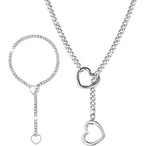 Kales-Pendentif Coeur Argent,Femme Lariat Collier,R&eacute;glable Cha&icirc;ne Coeur,Collier En Y Femme Lariat,Collier Ras Du Cou &Agrave; Cha&icirc;ne &Agrave; Maillons Cubains,Collier Cubain Punk Gothique (60 Cm/23,6 Pouces) - Neuf