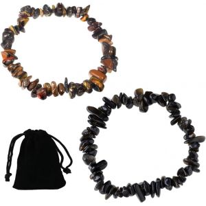 Bracelet 2 Pièces En Pierre Naturelle,Bracelets Porte-Bonheur,Équilibre De Guérison Énergétique,Bracelet En Gravier De Cristal Naturel (Obsidienne + ?il De Tigre Bleu) - Neuf