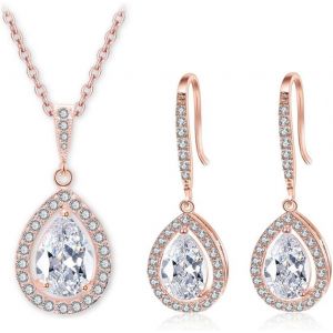 Meimie-Femme Ensemble De Bijoux Argent Boucles D'oreilles Et Collier En Forme De Goutte D'eau Avec Zircon Cubique,Parure Pendants Oreilles Et Pendentif Hypoallergénique,Mariée Robes Demariage - Neuf
