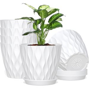 Lot De 6 Pots De Fleurs En Plastique Avec Trous De Drainage Et Soucoupes Pour Int&eacute;rieur Et Ext&eacute;rieur Blanc 12,5 Cm - Neuf