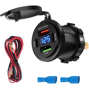 KALANKA-12 Volts 66W Prise USB, 4 Ports Prise de Chargeur de Voiture Double PD 3.1A 30W et Double Rapide Charge USB A avec LED Voltm&egrave;tre pour Voiture Chargement Rapide pour Bateau Camping-Car Camion - Neuf