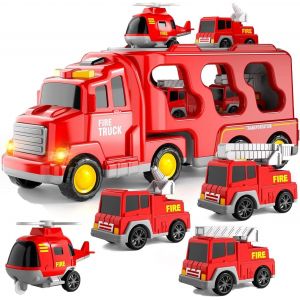KAJGL-5 En 1 Camion Pompier Jouets,Camion Transporteur Voiture,Camion De Pompier Jouets,Pour Jouets Enfants 2 Ans,Avec Sons Et Lumières,Avec 4 Mini Voitures,Jouets Enfants 2 Ans - Neuf