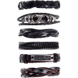 Kal-6 Pièces Punk Bracelets En Cuir Tressé, Bracelet En Cuir Pour Homme, Manchette Wrap Bracelets Réglables, Bracelet Tressé Noir Punk Gothique Rock Manchette, Marron Multicouche Cordon Vintage - Neuf