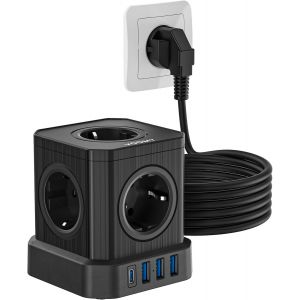 Multiprise Powercube 9-En-1, 5 Prises, 4 Usb Ports (3 Usb-A, 1 Usb-C 20W Charge Rapide), Prise Multiple Avec Interrupteur 4000W, Design Cube Compact, 5M Câble Idéal Pour Bureau & M[MAT790897] - Neuf
