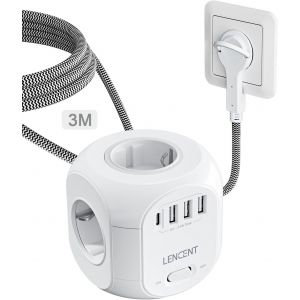Multiprise avec Interrupteur Cube Secteur 4 Prises, 3 USB et 1 Type C, Multiprise USB Parafoudre et 4 Interrupteurs Rallonge Electrique 5M C&acirc;ble la Maison et au Bureau - Neuf
