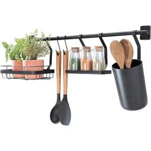 Idesign Barre De Cuisine (63,8 X 14,5 X 23,8 Cm),Porte Ustensiles De Cuisine Avec 2 Crochets,Support Pour Plantes & &Eacute;tag&egrave;re &Agrave; &Eacute;pices,Barre De Cr&eacute;dence En M&eacute;tal,Noir Mat - Neuf