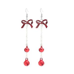 1 Paire De No&euml;l L&eacute;ger Noeud Rouge Noeud Piercing Dangle Boucles D'oreilles Jingle Pompons Femmes - Neuf