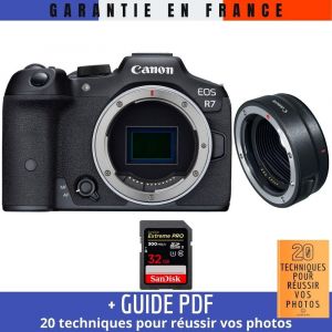 Canon EOS R7 + EF-EOS R + 1 SanDisk 32GB Extreme PRO UHS-II SDXC 300 MB/s + Guide PDF ""20 techniques pour r?ussir vos photos - Neuf