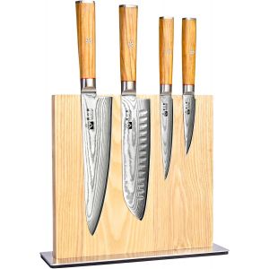 Mevronisshop-5 Pi&egrave;ces Set Couteau Cuisine,Ensemble De Couteau Chef,Acier Damas 67 Couche Vg10 Acier,Bloc &Agrave; Couteaux Magn&eacute;tique,Manche En Bois D'olivier,Bo&icirc;te Cadeau - Neuf
