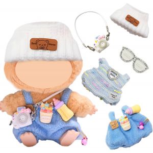KALANKA-Lot de 5 vêtements pour poupée, 17 cm, accessoires avec combinaison bleue, bonnet d'ours blanc, mini appareil photo, sac à dos, épingle à cheveux, convient pour garçons et filles cadeau (sans - Neuf