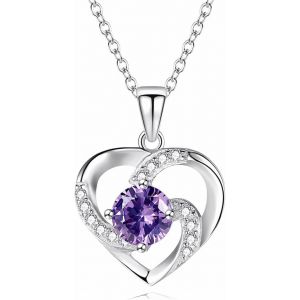Kal-- Collier En Diamant Pour Femme Forever Love Collier En Argent Sterling 925 Plaqué Or Rose Avec Pierre De Naissance Pendentif Bijoux Pour Femme Cadeau De Noël Cadeau De Fête Des Mères (Violet) - Neuf