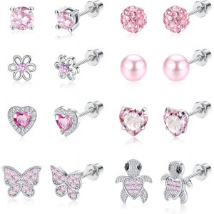 8 Paires Boucles D'oreilles Hypoallergéniques Pour Femmes Filles Acier Inoxydable 316l Cz Coeur Vis Dos Boucles D'oreilles Fleur Multicolore Papillon Boucles D'oreilles Ensemble.[X2674] - Neuf