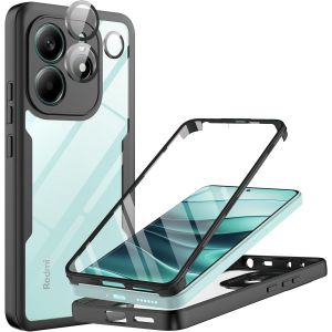 Store-Coque Pour Xiaomi Redmi Note 14 4g,Antichoc Housse Avec Verre Trempé Protection Écran Dureté Caméra Arrière Protecteur Intégrale 360°Protection Double Case Bumper Robuste Transparente-Noir - Neuf