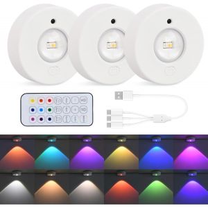 3pcs Lampe De Placard Avec Telecommande, Rechargeable Spot Led Sans Fil, Éclairage De Vitrine, Rgb Dimmable Lampes Armoire Veilleuse Pour Escalier Miroir Cuisine Vitrines Cabinet - Neuf