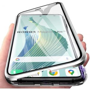 Kal-Coque Pour Honor Magic 5 Lite / X9a, Coque D'adsorption Magnétique Ultra Mince À 360° Housse De Protection En Avant Et Arrière Verre Trempé Etui Transparent Métallique Antichoc, Argent - Neuf