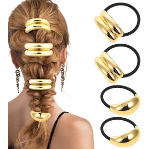 KAL-Lot De 4 Chouchous En Métal Doré Pour Queue De Cheval Accessoire De Cheveux Pour Femme Élastique Pour Femmes Et Filles Épais Et Fins Bouclés - Neuf