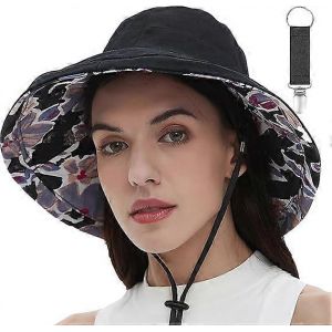 Chapeau De Soleil Pour Femme, &Agrave; Larges Bords, R&eacute;versible, En Coton, Pliable, Id&eacute;al Pour Les Voyages D'&eacute;t&eacute;, Avec Pince, Protection Uv, Noir. - Neuf