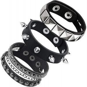 Kal-5 Pi&egrave;ces Punk Rock Cuir Alliage Fantaisie Couleur Noir Bracelet Homme Personnalis&eacute; Cadeau Accessoire Bracelet Bras Fermoir Rivets Robustes Taille R&eacute;glable Pour Soir&eacute;e Concert Cosplay - Neuf