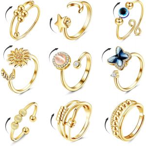 Kahfl-9 Pi&egrave;ces Spinner Ring Femmes Bande Ring Anneau De Spinner Ouverts R&eacute;glables Bague Empilables Bague Zirkonia Plan&egrave;tetournesol Fleurs Bague Tu Es Mon Soleil Bague Tournoyer Anneaux Cadeau - Neuf